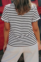 Black Stripe Scalloped Trim Round Neck T Shirt