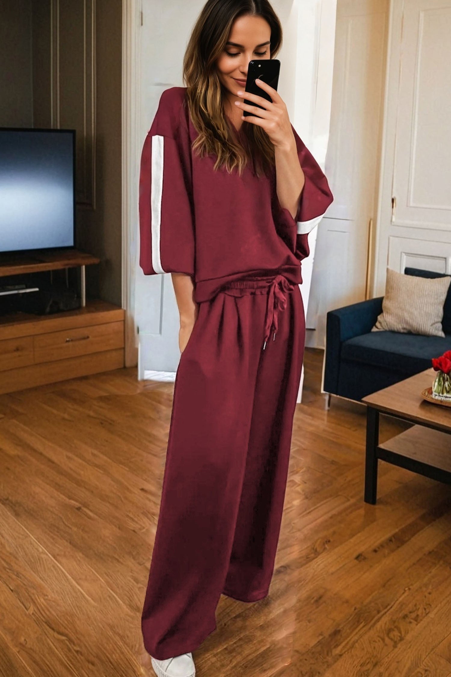 Burgundy Varsity Striped 3/4 Sleeve Pullover Drawstring Sweatpants Set