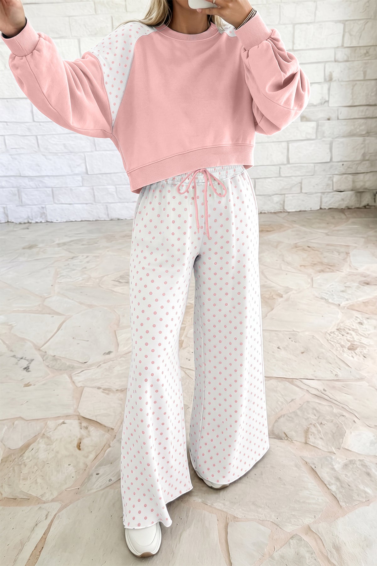 Polka dot patchwork colorblock long sleeve two-piece pants set by Dear-Lover, casual style with polka dot and colorblock design