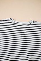 Black Stripe Floral Puff Sleeve Patchwork Round Neck Loose Top