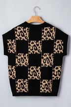 Black Leopard Checkerboard Short Sleeve Knit Sweater