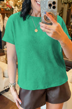 Sea Green Waffle Textured Knit Dolman Short Sleeve Loose Top