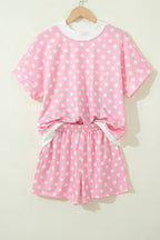 Yellow Polka Dot Print Color Block Trim Mock Neck Short Set
