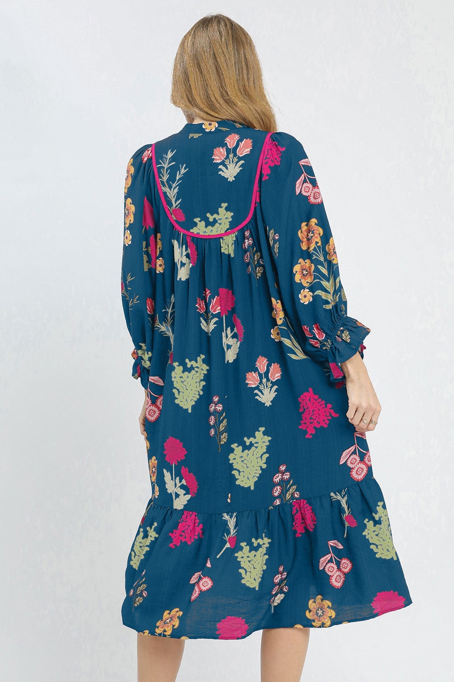 Blue Floral Print Gathered Neckline 7/8 Sleeve Casual Midi Dress