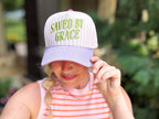 Embroidered Baseball Cap - "Saved by Grace" - Pink + Purple