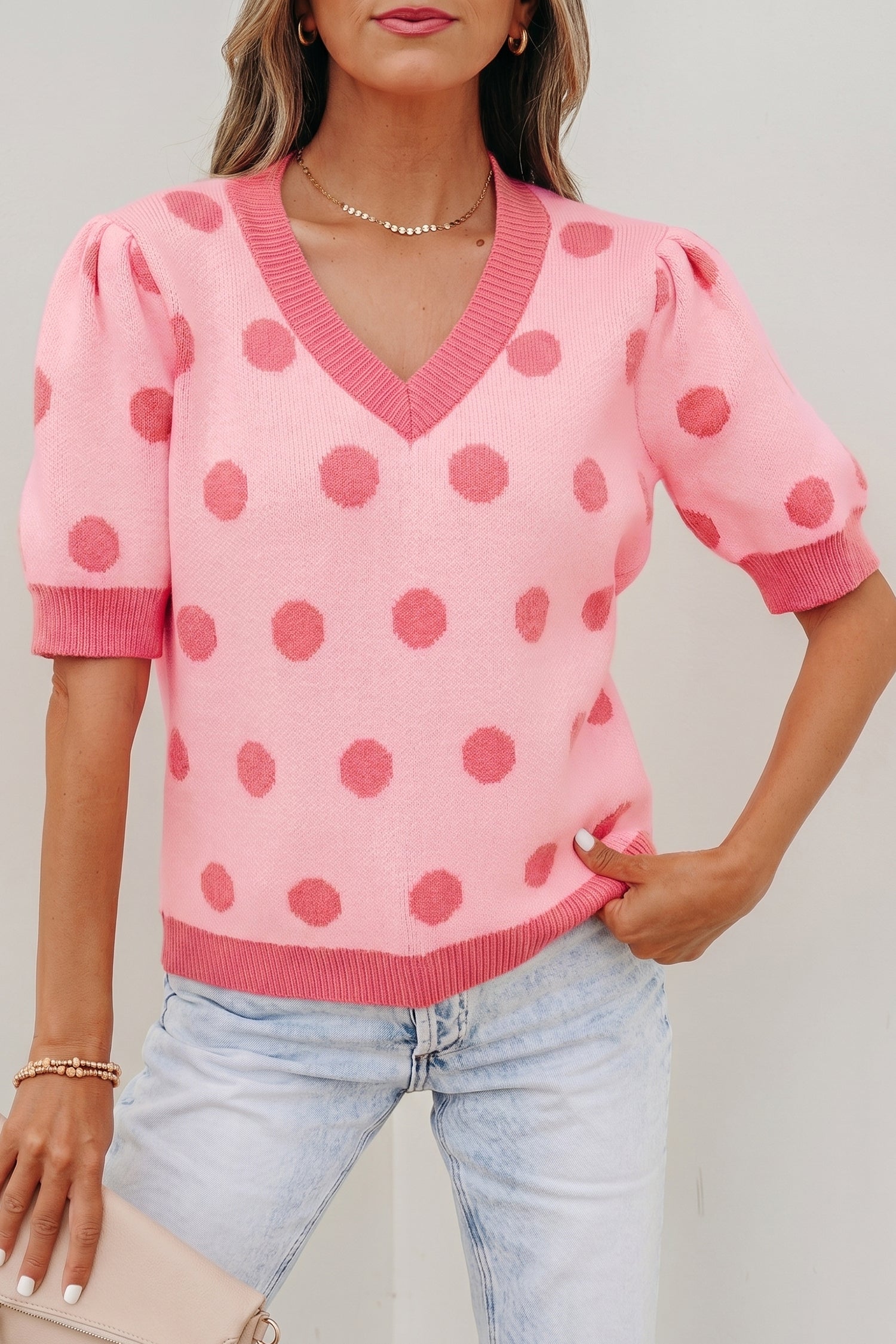 Rose Red Polka Dot Puff Short Sleeve Sweater Top