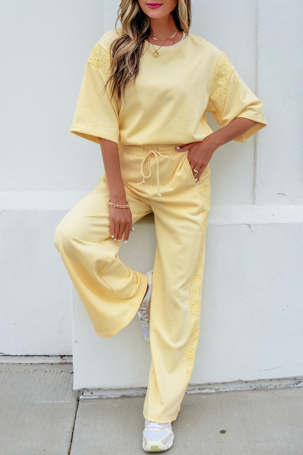 Lace Patchwork Half Sleeve Top Elastic Waist Pants Two Piece Set