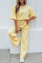 Lace Patchwork Half Sleeve Top Elastic Waist Pants Two Piece Set