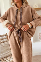 Leopard Drawstring Pullover Hoodie and High Waist Pants Corduroy Suit
