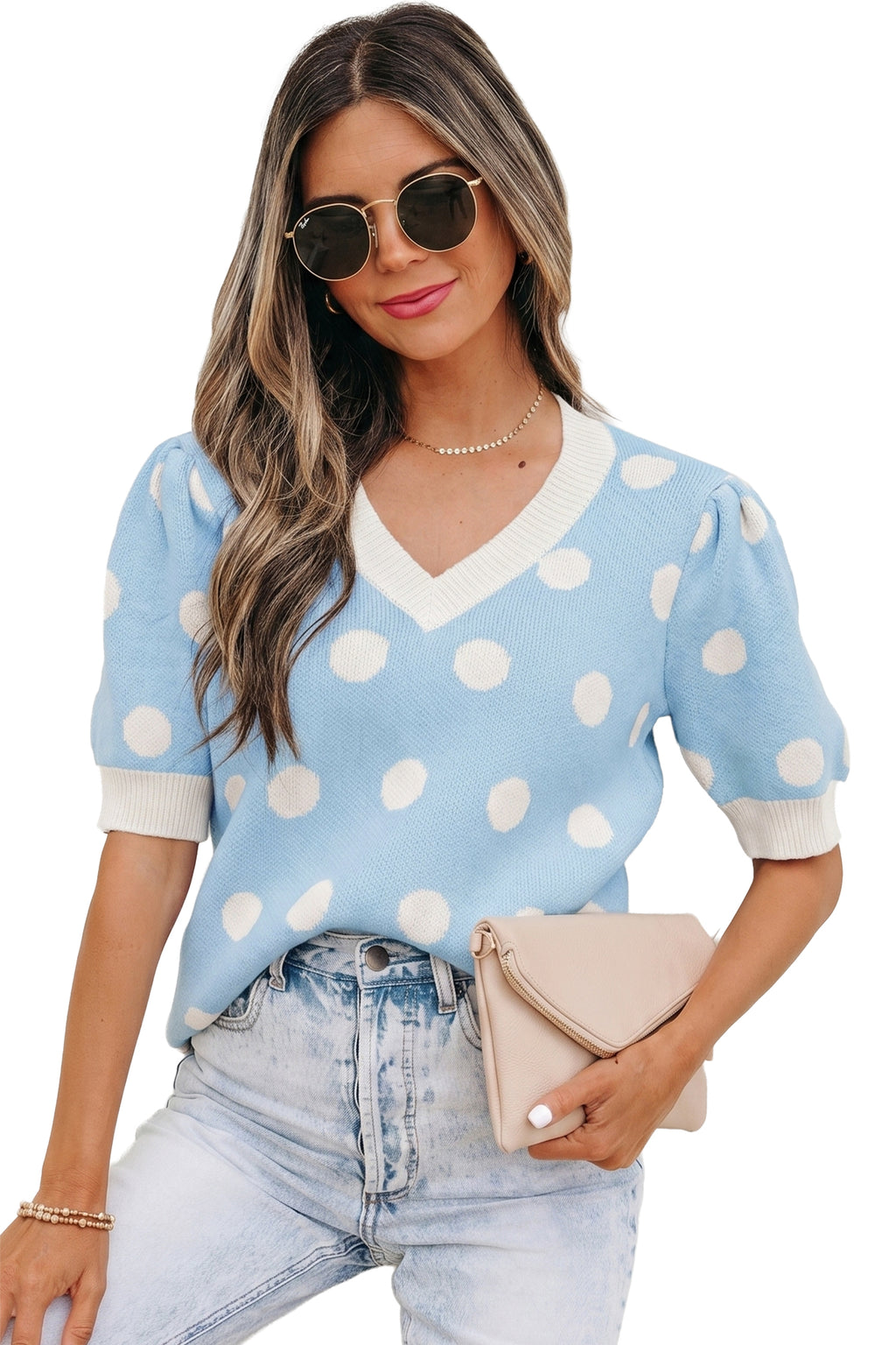 Rose Red Polka Dot Puff Short Sleeve Sweater Top
