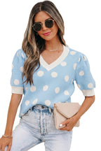 Rose Red Polka Dot Puff Short Sleeve Sweater Top