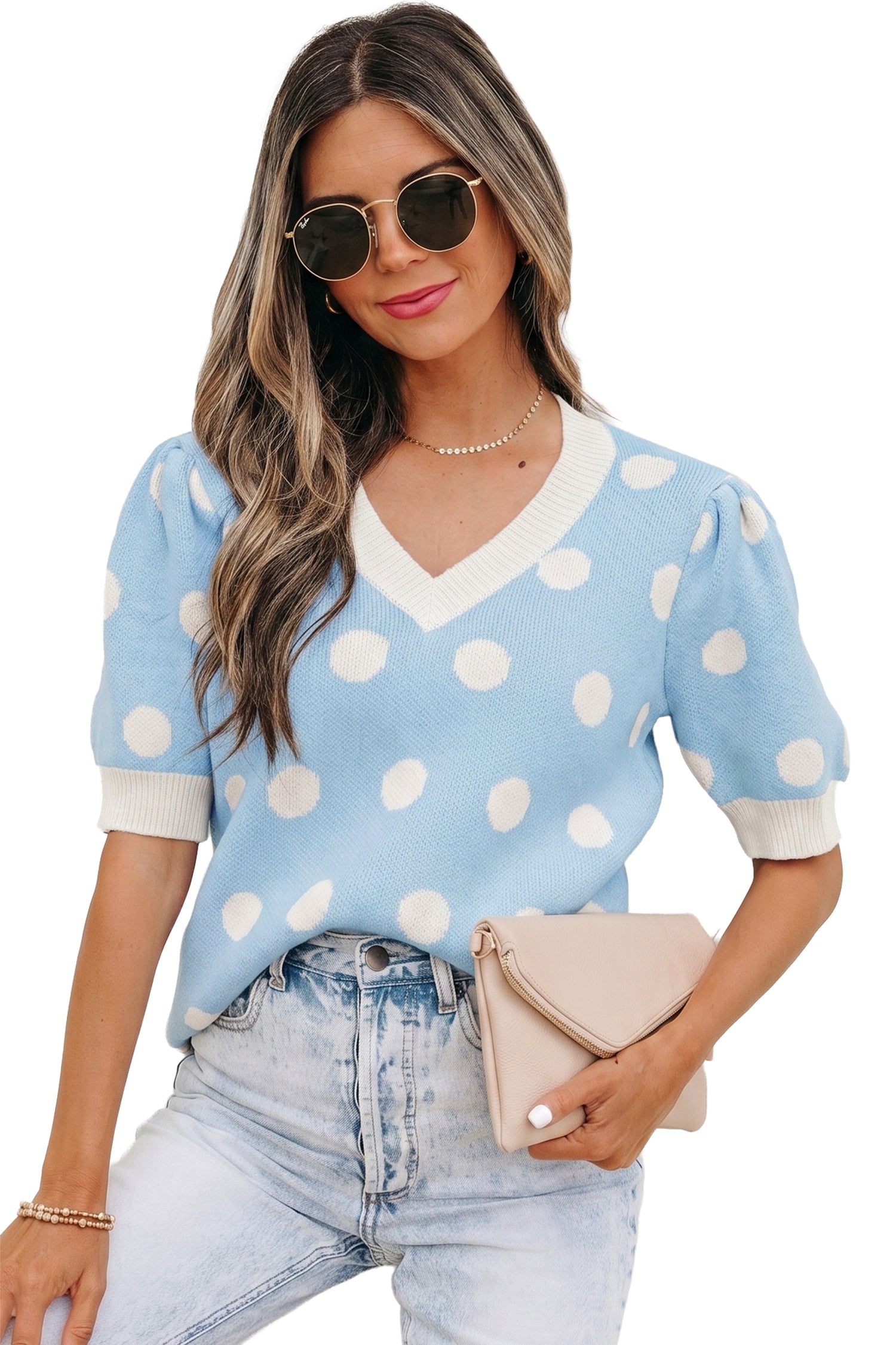 Rose Red Polka Dot Puff Short Sleeve Sweater Top