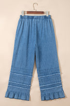 Dusk Blue Ruffled Hem Wide Leg Chambray Pants