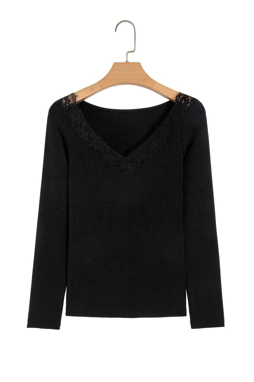 Black Lace Trim Elegant Neckline Long Sleeve Slim Top