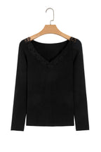 Black Lace Trim Elegant Neckline Long Sleeve Slim Top