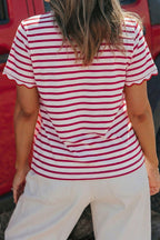 Black Stripe Scalloped Trim Round Neck T Shirt