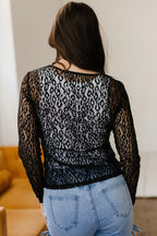 Black Leopard Pattern Sheer Mesh Long Sleeve Top