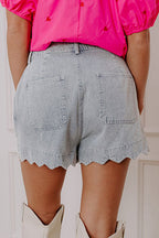 Sail Blue Scalloped Hemline Acid Wash High Waist Denim Shorts