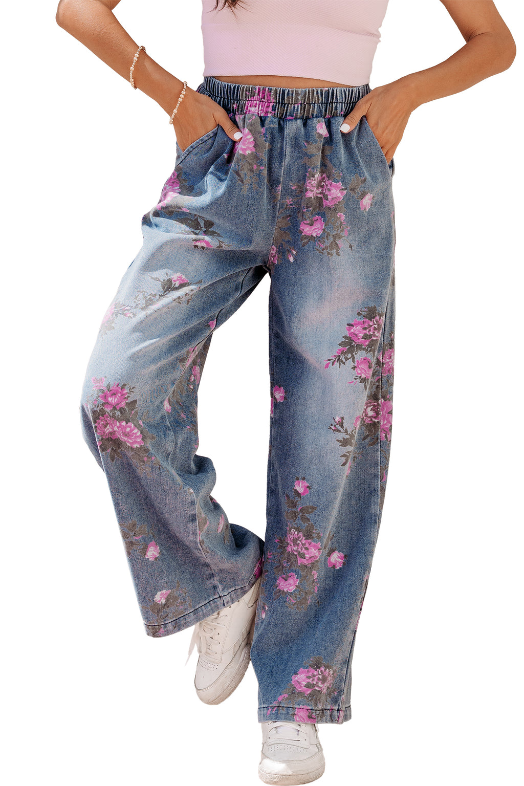 Beau Blue Floral Print Elastic Waist Pull On Casual Jeans