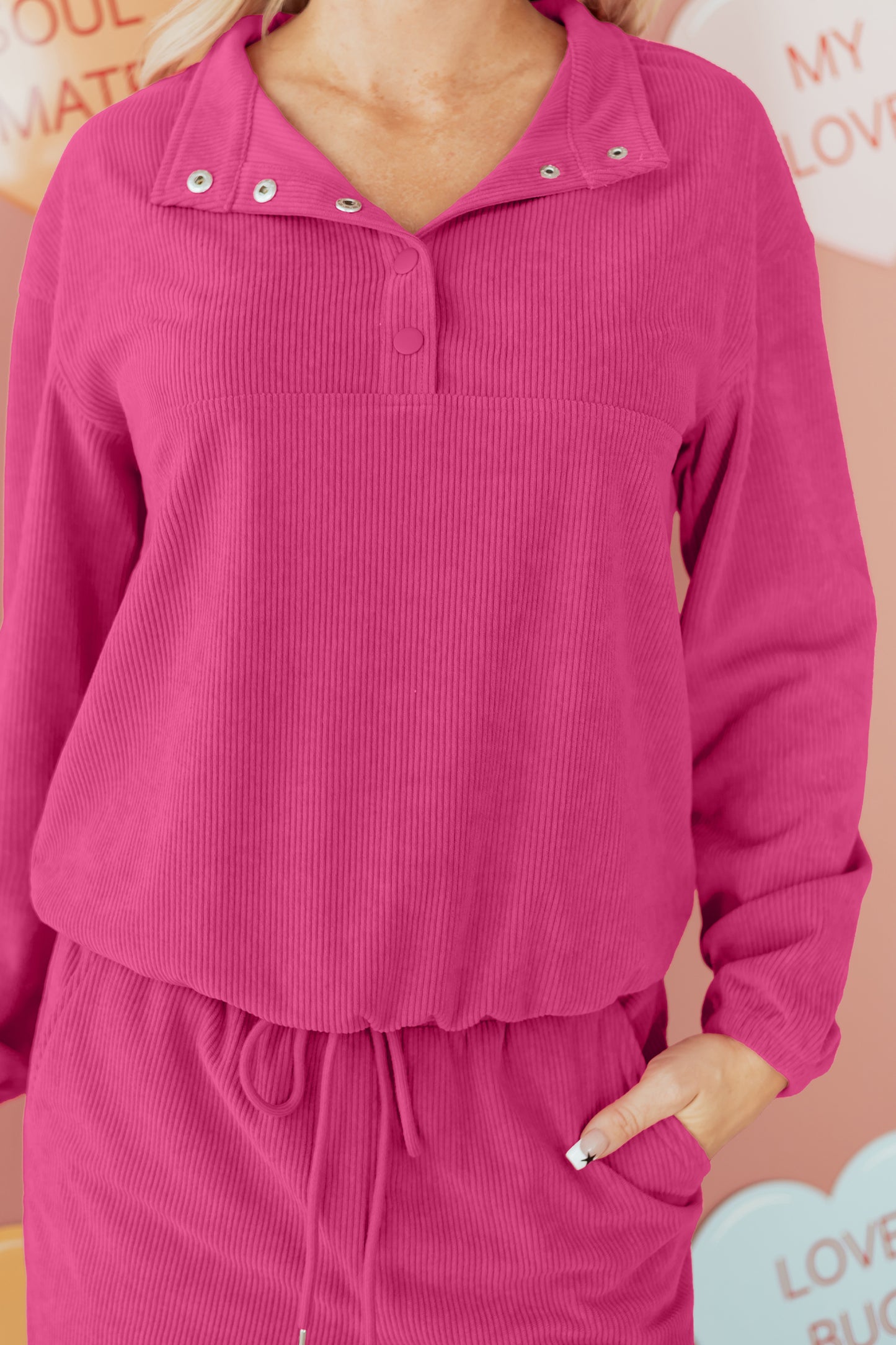 Peach Blossom Half Button Pullover Drawstring Pants Solid Color Corduroy 2pcs Outfit