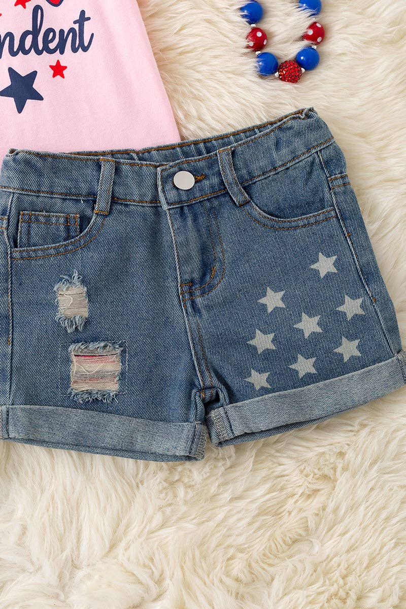 "Little Miss Independent" Pink shirt & denim shorts. OFG60440 SOL