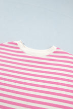 Pink Striped Long Sleeve Crew Neck Drawstring Waist Shorts Set