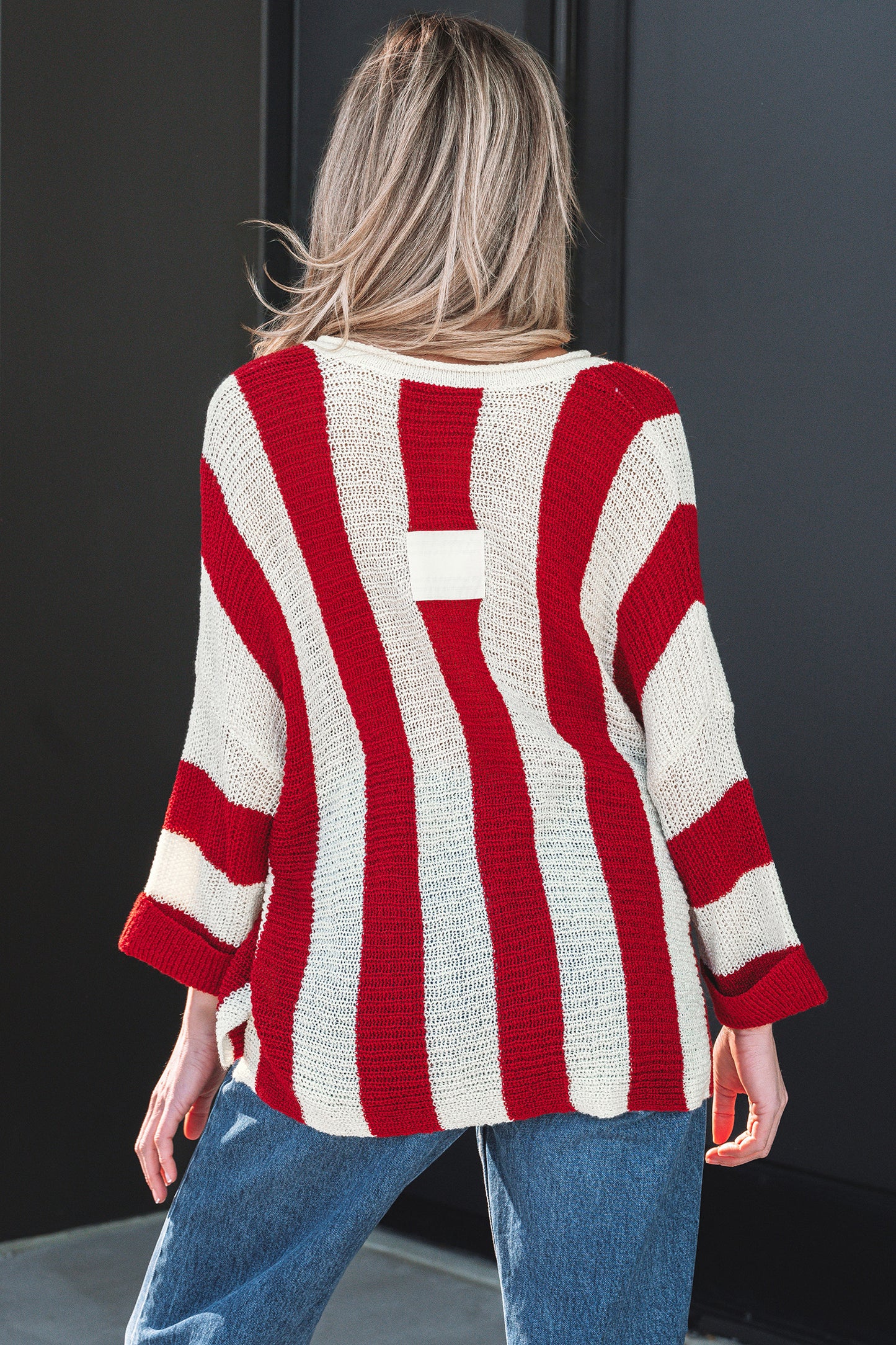 Stripe Colorblock V Neck Bracelet Sleeve Sweater