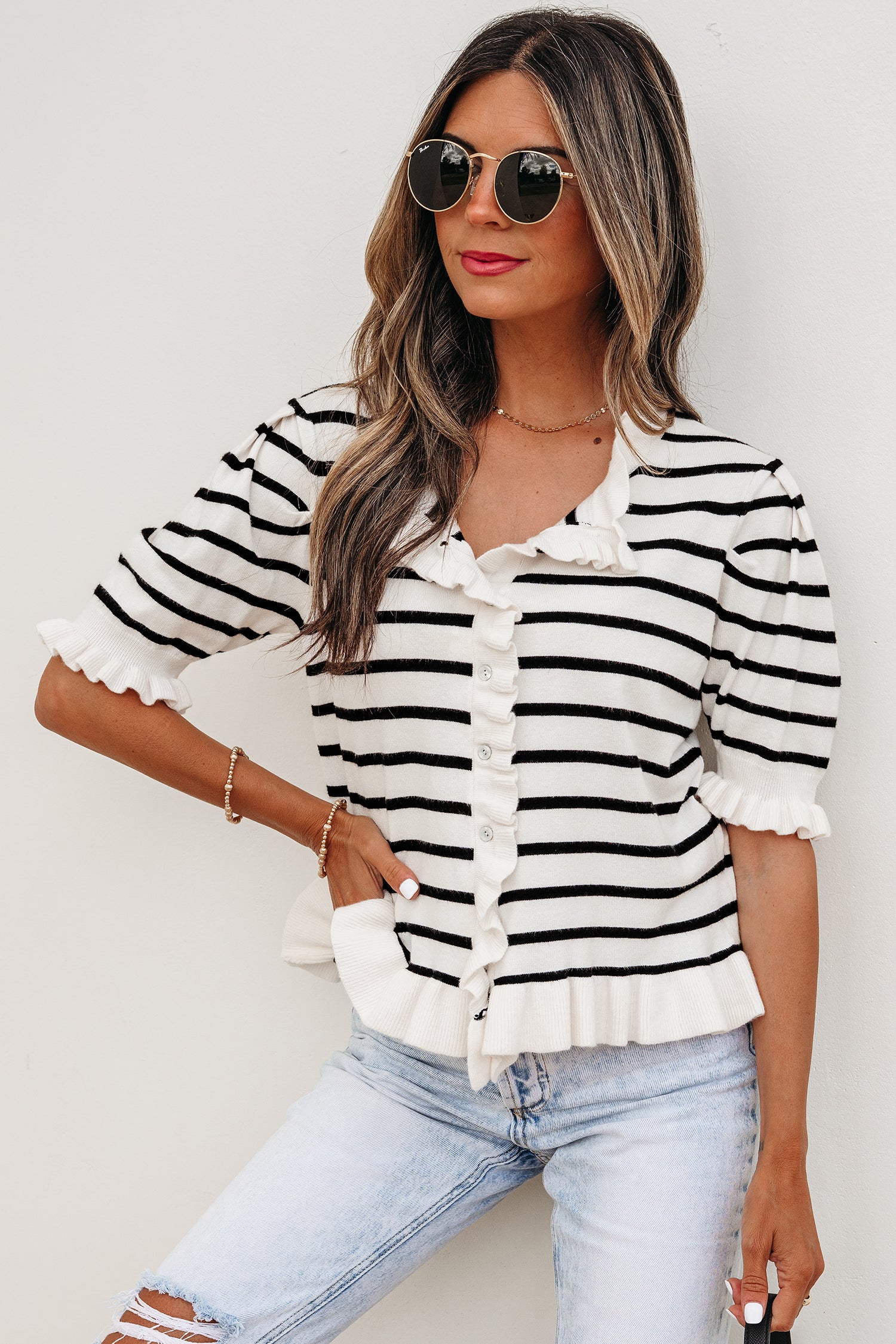 Beige Stripe Ruffle Trim Button Down Knit Short Sleeve Sweater Cardigan