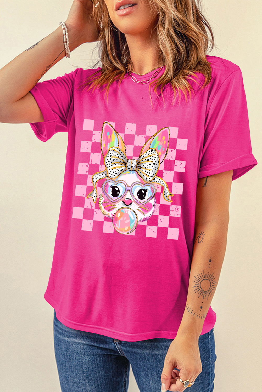 Rose Red Plaid Bubble Gum Rabbit Graphic Easter T Shirt