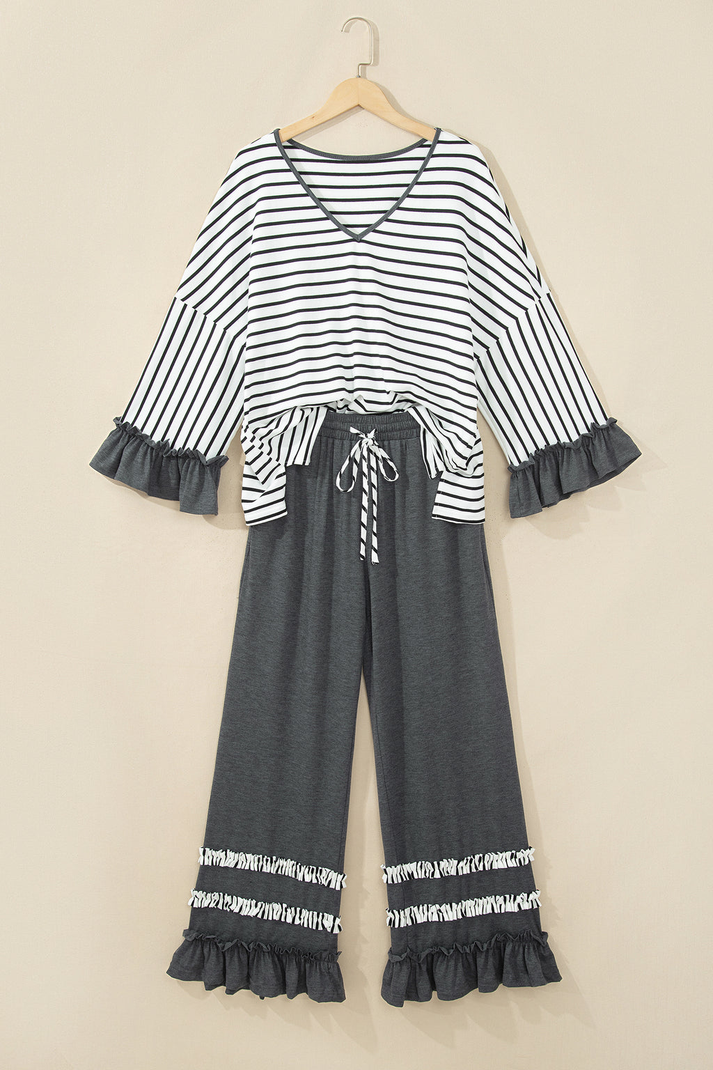 Gray Stripe V Neck Ruffle Contrast Sleeve Top Drawstring Pants 2pcs Set