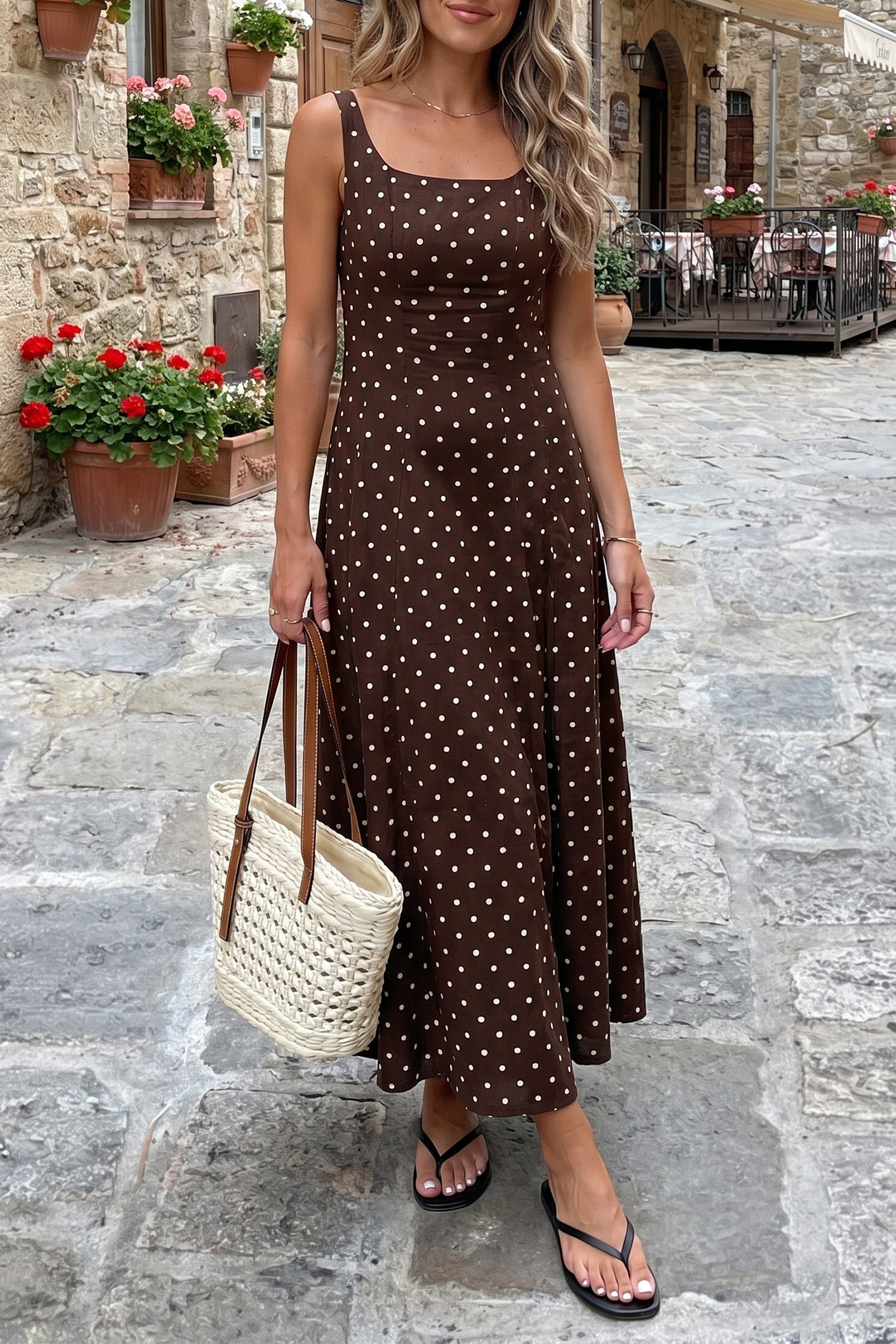 Brown Polka Dot Print Square Neck Sleeveless Vacation Long Dress