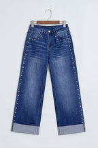 Navy Blue Studded Detail Straight Leg Casual Loose Jeans