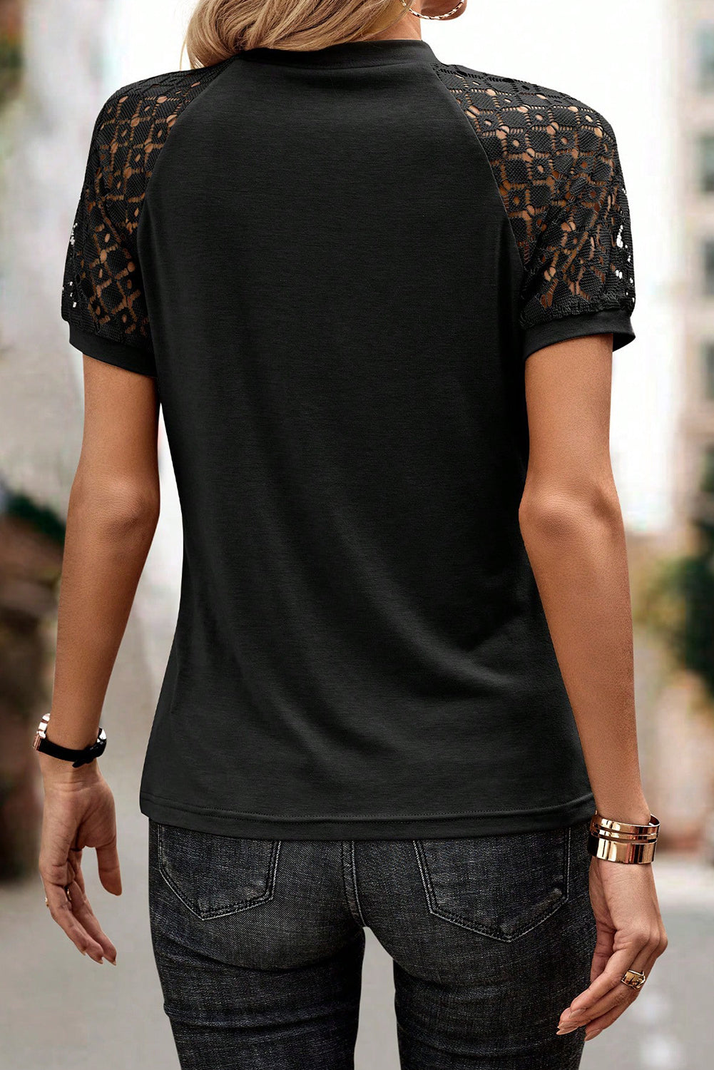 Mist Blue Seamed Detail Contrast Lace Raglan Sleeve Tee