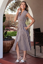 Coffee Plaid Print Full Zipper Cinched Waist Fit Flare Sleeveless Maxi Dress