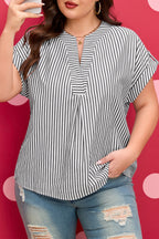 Black Stripe Plus Size V Neck Roll-tab Short Dolman Sleeve Blouse