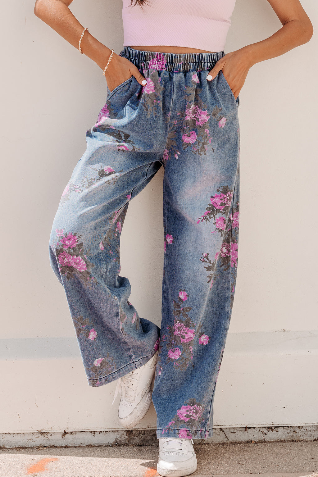Beau Blue Floral Print Elastic Waist Pull On Casual Jeans
