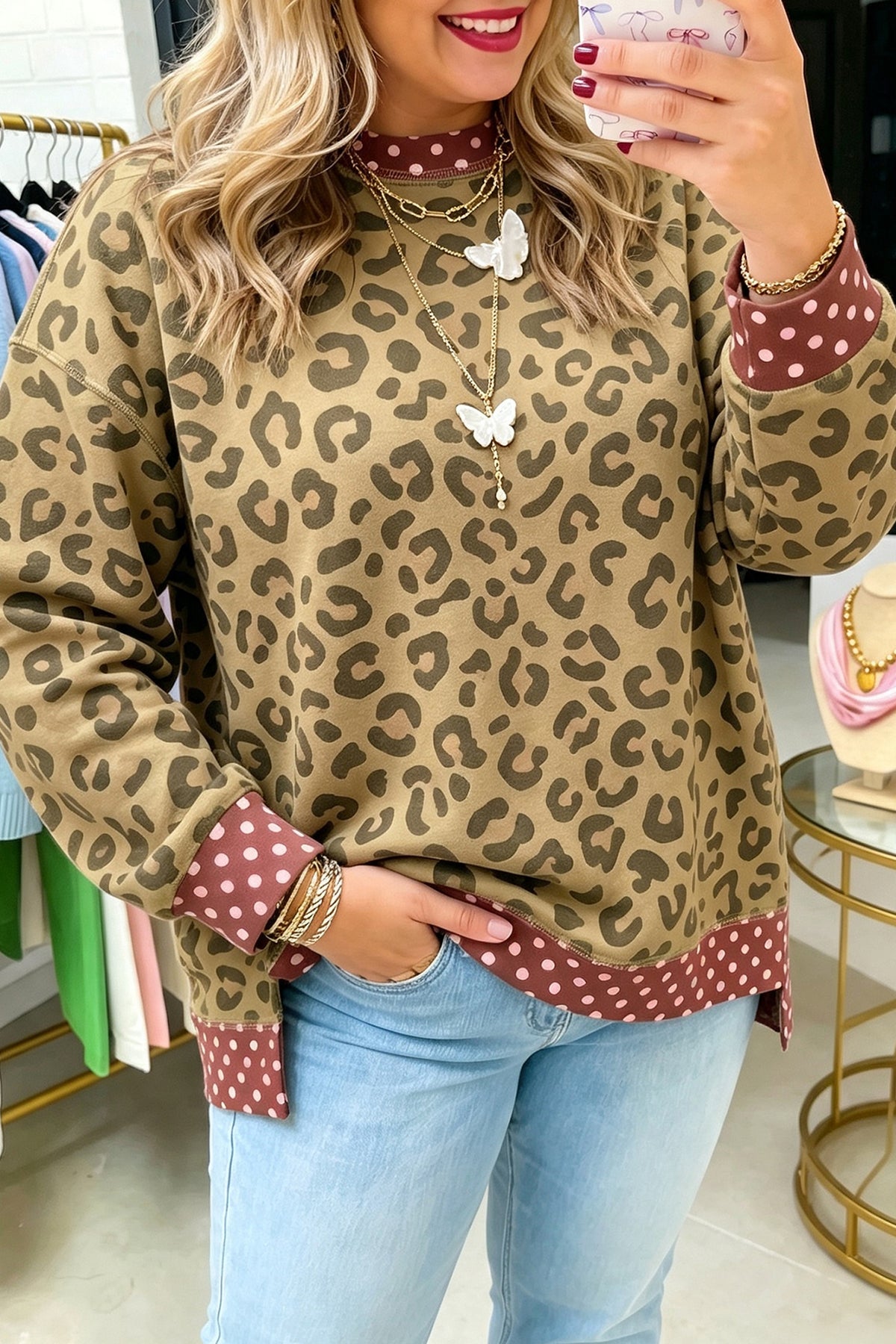 Khaki Plus Size Leopard Print Contrast Polka Dot Trim Long Sleeve Top