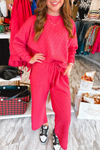Checkered Textured Split Pullover Top and Pants Set