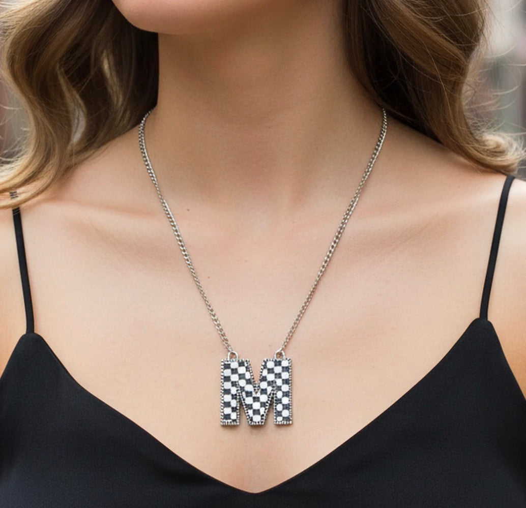 Checkered Initial Necklace - Black and White