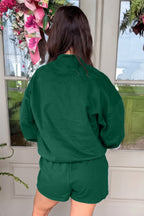Dark Green Christmas Slogan Print Mock Neck Pullover and Shorts Set