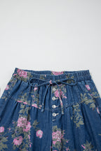 Blue Retro Floral Print Tie Elastic Waist Button Pintuck Wide Leg Jeans