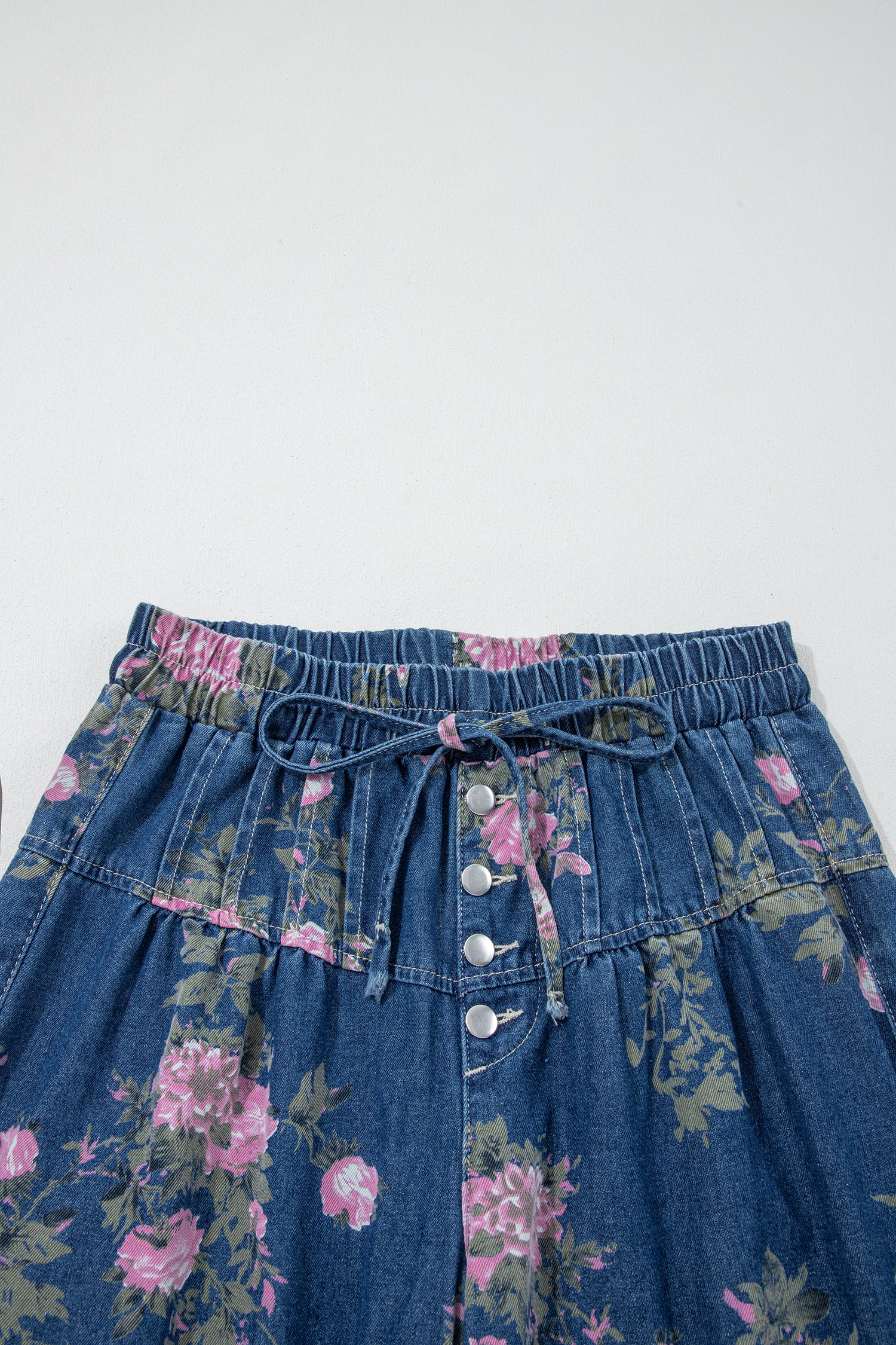 Blue Retro Floral Print Tie Elastic Waist Button Pintuck Wide Leg Jeans