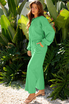 Drop Shoulder Puff Sleeve Crop Pullover Drawstring Wide Leg Pants Set