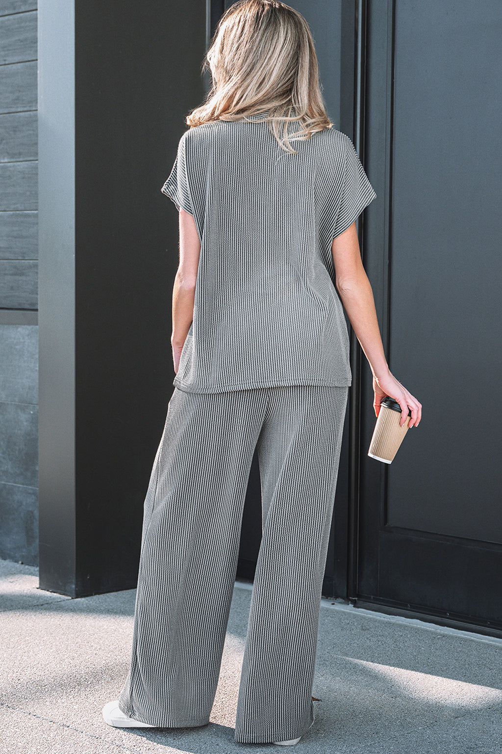 Burgundy Twisted Ribbed High Neck Loose Tee Elastic High Waist Loose Pant Set