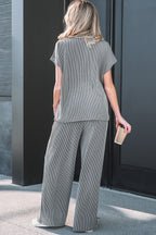 Burgundy Twisted Ribbed High Neck Loose Tee Elastic High Waist Loose Pant Set