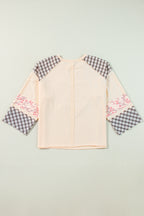Beige Plaid Floral Peace Heart Graphic Wide Long Sleeve Top