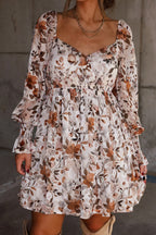 White Floral Print Sweetheart Neck Long Sleeve High Waist Mini Dress