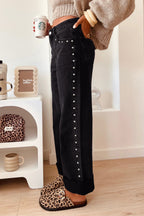 Navy Blue Studded Detail Straight Leg Casual Loose Jeans
