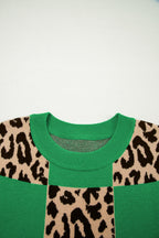 Green Leopard Checkerboard Short Sleeve Knit Sweater
