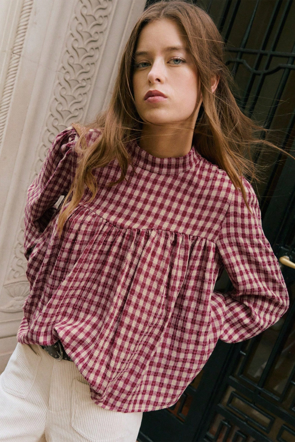 Coral Country Plaid Long Sleeve Button Keyhole Pleated Loose Blouse